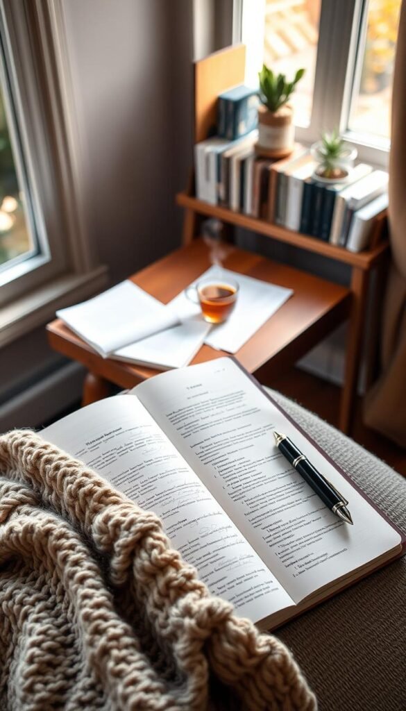 A cozy writing nook featuring an open journal with a fountain pen resting beside it, surrounded by gentle, warm lighting from a nearby window. In the foreground, soft textures of a knitted blanket drape over a comfortable chair, inviting relaxation. The middle of the scene showcases a wooden desk with scattered notes and a steaming cup of herbal tea, creating a sense of tranquility. In the background, a small shelf holds neatly organized books and potted plants, adding a touch of greenery. The atmosphere is calm and inviting, evoking a sense of peaceful reflection and daily routine, perfect for nurturing a journaling habit. The composition should use soft focus, emphasizing the cozy elements and creating a serene, inspiring environment for writing.