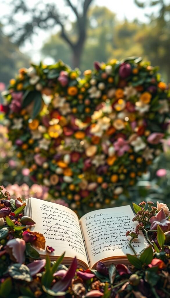 A large, beautifully detailed heart made of various types of plants and flowers, symbolizing love and growth. In the foreground, intricate petals and leaves are arranged artistically, with a gentle dew glistening on their surfaces under soft morning light. In the middle, a warm and inviting notebook lies open, filled with handwritten reflections in elegant script. The background features a serene, blurred landscape of a peaceful garden, with soft sunlight streaming through trees, casting gentle shadows. The overall mood is calm and inspiring, encouraging mindfulness and connection. Use a shallow depth of field to emphasize the heart and notebook, while creating a cozy, almost ethereal atmosphere. A large, beautifully detailed heart made of various types of plants and flowers, symbolizing love and growth. In the foreground, intricate petals and leaves are arranged artistically, with a gentle dew glistening on their surfaces under soft morning light. In the middle, a warm and inviting notebook lies open, filled with handwritten reflections in elegant script. The background features a serene, blurred landscape of a peaceful garden, with soft sunlight streaming through trees, casting gentle shadows. The overall mood is calm and inspiring, encouraging mindfulness and connection. Use a shallow depth of field to emphasize the heart and notebook, while creating a cozy, almost ethereal atmosphere.