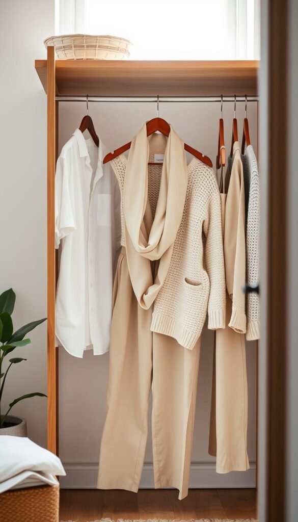 A minimalist wardrobe scene showcasing the concept of "wardrobe simplicity." In the foreground, a neatly arranged open wardrobe displays a curated selection of versatile clothing pieces, including a crisp white shirt, tailored trousers, and a cozy knit sweater, all in neutral tones. In the middle, a stylish wooden hanger holds a delicate scarf, hinting at conscious accessorizing. The background features soft, natural light filtering through a window, creating a warm and inviting atmosphere. A subtle, clutter-free environment emphasizes simplicity, with a touch of greenery from a potted plant in the corner. The overall mood exudes tranquility and mindfulness, capturing the essence of slow living and intentional style choices. A minimalist wardrobe scene showcasing the concept of "wardrobe simplicity." In the foreground, a neatly arranged open wardrobe displays a curated selection of versatile clothing pieces, including a crisp white shirt, tailored trousers, and a cozy knit sweater, all in neutral tones. In the middle, a stylish wooden hanger holds a delicate scarf, hinting at conscious accessorizing. The background features soft, natural light filtering through a window, creating a warm and inviting atmosphere. A subtle, clutter-free environment emphasizes simplicity, with a touch of greenery from a potted plant in the corner. The overall mood exudes tranquility and mindfulness, capturing the essence of slow living and intentional style choices.