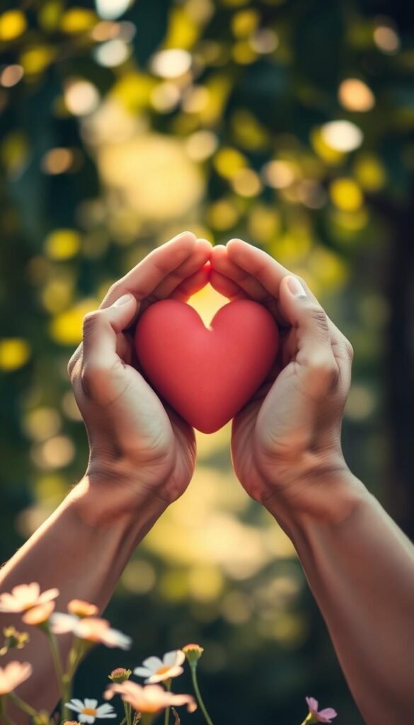 A pair of gentle hands held over a heart space, symbolizing emotional warmth and openness. The hands should be portrayed in a soft, relaxed position, fingers slightly curled, with warm skin tones to convey approachability. The background features a serene, blurred nature setting with soft greens and warm sunlight filtering through leaves, creating dappled light effects. In the foreground, delicate petals from wildflowers are softly scattered to enhance the sense of calm. The lighting should be warm and inviting, suggesting a peaceful atmosphere. The focus is on the hands and heart area, captured from a slightly elevated angle to emphasize connection and intimacy. The overall mood exudes tranquility and emotional safety, perfectly illustrating the essence of heart-opening rituals.