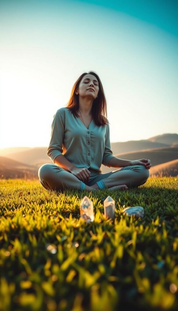 A peaceful morning scene depicting the concept of "grounding." In the foreground, a woman dressed in modest casual clothing is sitting cross-legged on a grassy patch, eyes closed, experiencing tranquility. In the middle ground, soft green grass with dewdrops glistening in the early sunlight adds to the serene atmosphere. A small crystal and a few stones are placed beside her, representing a mini-ritual. In the background, gentle rolling hills are bathed in warm golden light, with a clear blue sky above. The lighting is bright yet soft, casting gentle shadows, and the angle captures the woman in a moment of stillness. The overall mood is calming and reflective, evoking a sense of balance and harmony with nature. A peaceful morning scene depicting the concept of "grounding." In the foreground, a woman dressed in modest casual clothing is sitting cross-legged on a grassy patch, eyes closed, experiencing tranquility. In the middle ground, soft green grass with dewdrops glistening in the early sunlight adds to the serene atmosphere. A small crystal and a few stones are placed beside her, representing a mini-ritual. In the background, gentle rolling hills are bathed in warm golden light, with a clear blue sky above. The lighting is bright yet soft, casting gentle shadows, and the angle captures the woman in a moment of stillness. The overall mood is calming and reflective, evoking a sense of balance and harmony with nature.