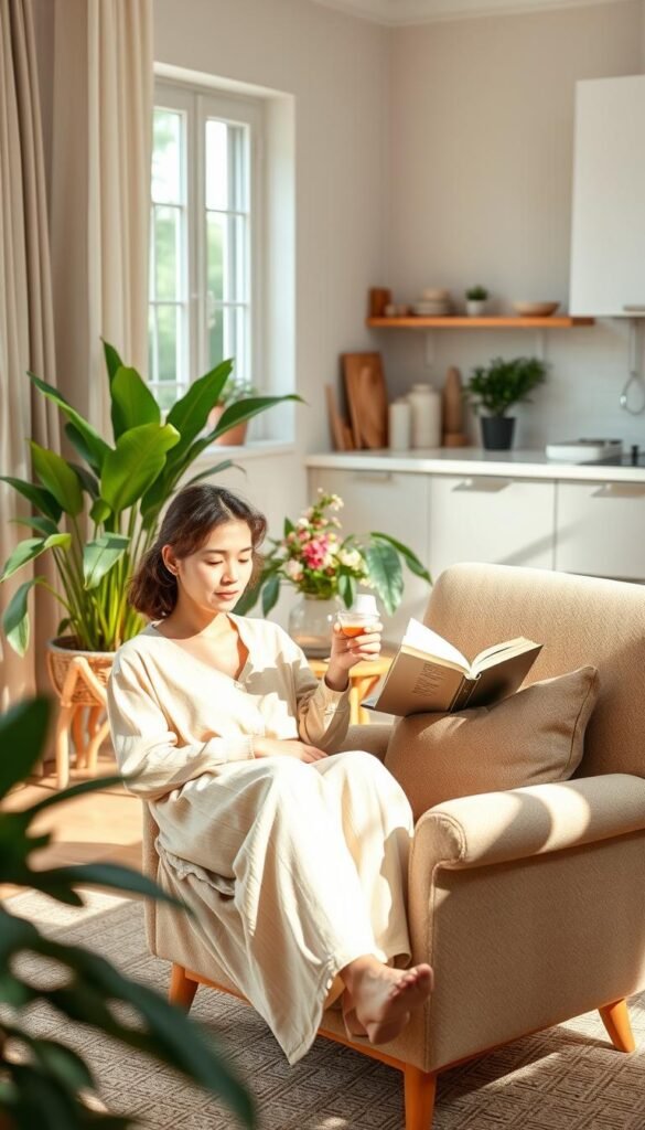A peaceful scene capturing the essence of slow living. In the foreground, a woman dressed in modest, casual clothing is sitting comfortably in a cozy, inviting armchair, sipping tea and reading a book. Her expression is serene and relaxed. In the middle ground, a soft, natural setting with lush houseplants and a small wooden table holding a vase of fresh flowers creates a warm, homely atmosphere. Light pours in from a large window, casting gentle shadows and enhancing the inviting ambiance. In the background, a well-organized, minimalist kitchen is visible, suggesting simplicity and tranquility in everyday life. The overall mood is calm and reflective, embodying a harmonious connection with time and space. A peaceful scene capturing the essence of slow living. In the foreground, a woman dressed in modest, casual clothing is sitting comfortably in a cozy, inviting armchair, sipping tea and reading a book. Her expression is serene and relaxed. In the middle ground, a soft, natural setting with lush houseplants and a small wooden table holding a vase of fresh flowers creates a warm, homely atmosphere. Light pours in from a large window, casting gentle shadows and enhancing the inviting ambiance. In the background, a well-organized, minimalist kitchen is visible, suggesting simplicity and tranquility in everyday life. The overall mood is calm and reflective, embodying a harmonious connection with time and space.