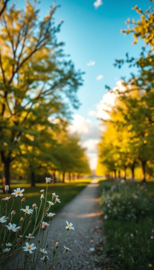 A serene April day unfolds in a gentle early morning light, casting a soft golden hue across a tranquil park. In the foreground, delicate wildflowers bloom with pastel petals, swaying gently in a mild breeze. A narrow path meanders through the middle ground, inviting visitors to stroll leisurely. On either side, lush green trees provide dappled shade, their leaves whispering in the fresh air. The background features a bright blue sky, dotted with fluffy white clouds, enhancing the sense of calm. The overall atmosphere is peaceful and rejuvenating, evoking feelings of relaxation and inspiration. Use a warm, soft focus lens for an ethereal effect, capturing the essence of a slow, refreshing day in April.