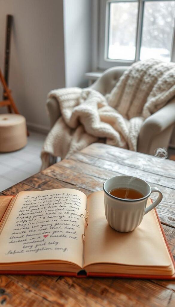 A serene January journal scene set on a rustic wooden table. In the foreground, an open journal with warm-toned pages, showcasing delicate handwritten notes and soothing doodles. Next to it, a steaming cup of herbal tea emits gentle wisps of steam. In the middle ground, a soft knitted blanket drapes over a cozy armchair, inviting warmth and comfort. The background features a softly lit window, letting in the soft, diffused light of a winter morning, with light snowflakes gently falling outside, creating a tranquil atmosphere. The mood is peaceful and reflective, ideal for setting intentions for a calm year ahead. The overall color palette includes soft pastel hues of blues, creams, and whites, capturing the essence of a fresh start in January.
