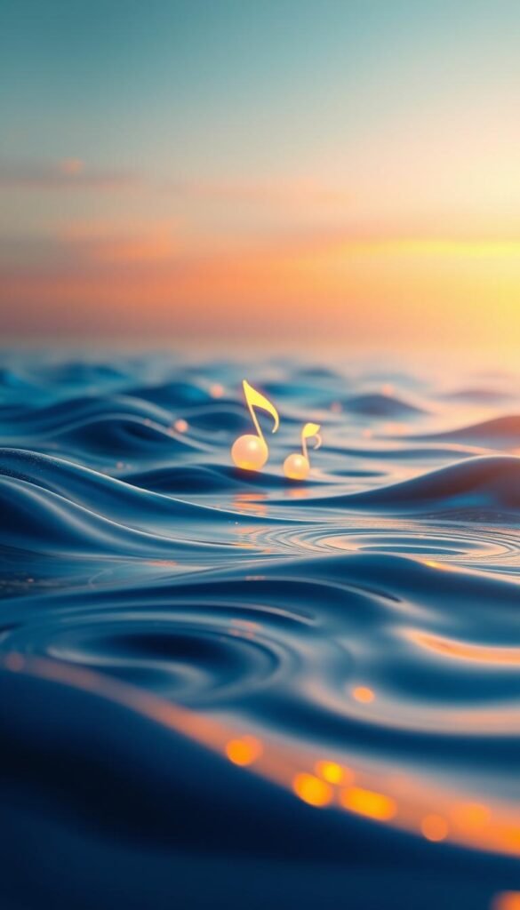 A serene, abstract representation of sound, focusing on vibrant waves and ripples that reflect the essence of music. In the foreground, deep blue and gold sound waves radiate outward, creating a sense of movement and flow. The middle ground features softly glowing orbs representing musical notes, gently floating among the sound waves, pulsating with light. In the background, a dreamy gradient of soft pastels blends into a tranquil sky, evoking peace and calmness. The lighting is ethereal, with a soft glow illuminating the scene, enhancing the feeling of gentle harmony. Capture this from a slightly elevated angle, allowing the viewer to feel as if they are immersed in the sound itself, creating a soothing, contemplative atmosphere that invites emotional grounding. A serene, abstract representation of sound, focusing on vibrant waves and ripples that reflect the essence of music. In the foreground, deep blue and gold sound waves radiate outward, creating a sense of movement and flow. The middle ground features softly glowing orbs representing musical notes, gently floating among the sound waves, pulsating with light. In the background, a dreamy gradient of soft pastels blends into a tranquil sky, evoking peace and calmness. The lighting is ethereal, with a soft glow illuminating the scene, enhancing the feeling of gentle harmony. Capture this from a slightly elevated angle, allowing the viewer to feel as if they are immersed in the sound itself, creating a soothing, contemplative atmosphere that invites emotional grounding.