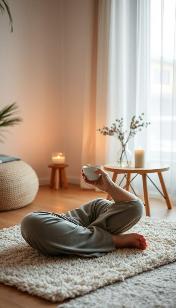 A serene and calming scene depicting a moment of mindfulness in an inviting indoor space. In the foreground, a person in comfortable, modest casual clothing sits cross-legged on a soft, plush rug, gently sipping herbal tea from a delicate cup. In the middle ground, a wooden side table holds a lit aromatic candle and a small vase with fresh flowers, enhancing the tranquil atmosphere. The background features a softly lit window with sheer curtains, allowing natural light to filter in, casting gentle shadows. The color palette consists of soft pastels and warm earth tones, creating a peaceful and soothing environment. The overall mood is one of relaxation, encouraging the viewer to embrace a brief moment of mindfulness amidst a busy day. A serene and calming scene depicting a moment of mindfulness in an inviting indoor space. In the foreground, a person in comfortable, modest casual clothing sits cross-legged on a soft, plush rug, gently sipping herbal tea from a delicate cup. In the middle ground, a wooden side table holds a lit aromatic candle and a small vase with fresh flowers, enhancing the tranquil atmosphere. The background features a softly lit window with sheer curtains, allowing natural light to filter in, casting gentle shadows. The color palette consists of soft pastels and warm earth tones, creating a peaceful and soothing environment. The overall mood is one of relaxation, encouraging the viewer to embrace a brief moment of mindfulness amidst a busy day.