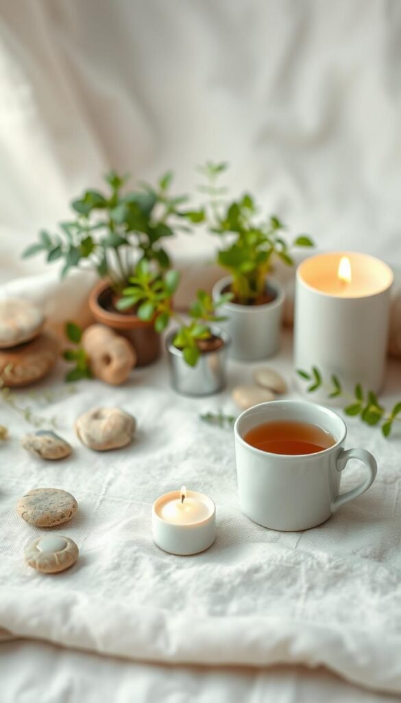 A serene and calming scene depicting various sensory anchors arranged harmoniously on a soft, textured fabric background. In the foreground, delicate objects like smooth stones, a lit scented candle, and a cup of herbal tea are carefully placed, exuding a sense of tranquility. The middle ground features lush greenery, such as small potted plants and herbs, enhancing the natural atmosphere. The background is softly blurred with pastel hues, creating a peaceful, dreamlike quality. Soft, diffused lighting creates gentle shadows, evoking a cozy and inviting mood. The composition captures a moment of mindfulness, making the viewer feel soothed and relaxed, perfect for illustrating concepts of sensory anchors used in everyday rituals.