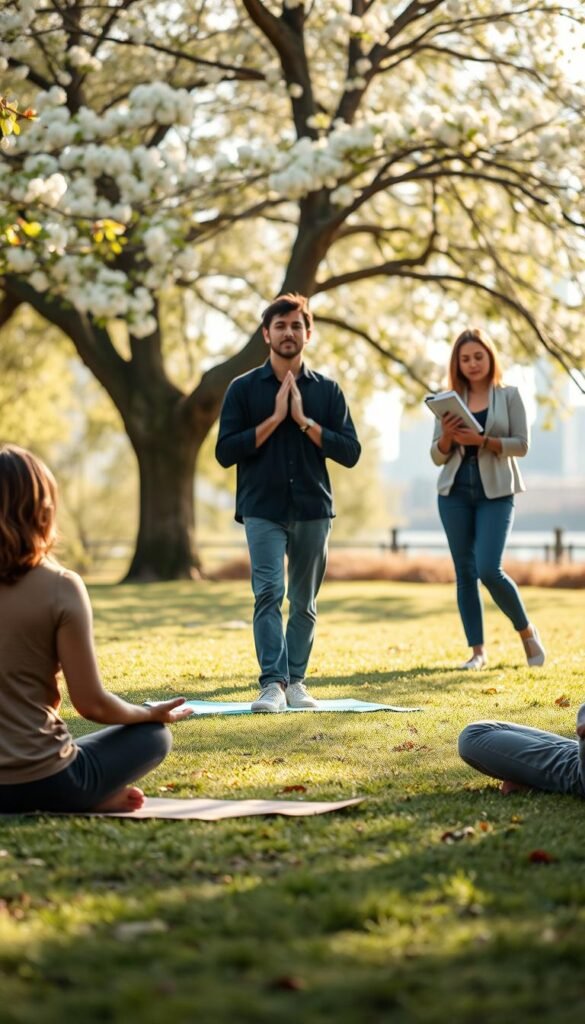 A serene and calming setting that illustrates mental grounding techniques. In the foreground, a diverse group of three individuals—one sitting cross-legged on a yoga mat, another standing with hands on their hips, and the third holding a notepad, all dressed in modest casual clothing—demonstrating different grounding practices like deep breathing or mindfulness. In the middle, a soft, sunlit park scene with blossoming trees and gentle grass, evoking tranquility. In the background, a blurred view of a city skyline, reminding of urban life but distant and peaceful. The lighting should be warm and soft, creating a relaxed, contemplative atmosphere. The angle is slightly elevated to capture the engaging posture of the individuals and the surrounding nature, emphasizing connection to self and environment. A serene and calming setting that illustrates mental grounding techniques. In the foreground, a diverse group of three individuals—one sitting cross-legged on a yoga mat, another standing with hands on their hips, and the third holding a notepad, all dressed in modest casual clothing—demonstrating different grounding practices like deep breathing or mindfulness. In the middle, a soft, sunlit park scene with blossoming trees and gentle grass, evoking tranquility. In the background, a blurred view of a city skyline, reminding of urban life but distant and peaceful. The lighting should be warm and soft, creating a relaxed, contemplative atmosphere. The angle is slightly elevated to capture the engaging posture of the individuals and the surrounding nature, emphasizing connection to self and environment.