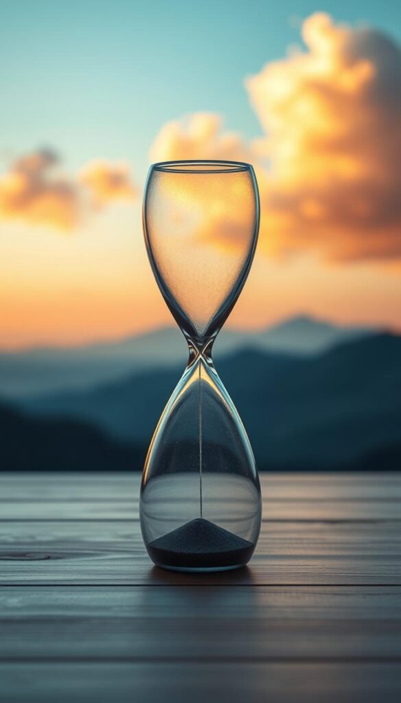 A serene and captivating representation of "time" captured in an abstract manner. In the foreground, a large, translucent hourglass sits gracefully on a smooth wooden surface, its sand flowing gently. In the middle ground, soft, swirling clouds of muted gold and blue blend, symbolizing the fluidity and passage of time. The background features a soft-focus landscape, with distant mountains bathed in warm sunset hues. The lighting is soft and ethereal, casting gentle shadows, creating a tranquil and introspective atmosphere. The image evokes a sense of emotional warmth, inviting the viewer to reflect on the concepts of rushing, pressure, and the pursuit of perfection, emphasizing a peaceful release from these burdens. The overall composition is harmonious and soothing, devoid of text or distractions, focusing solely on the essence of time.