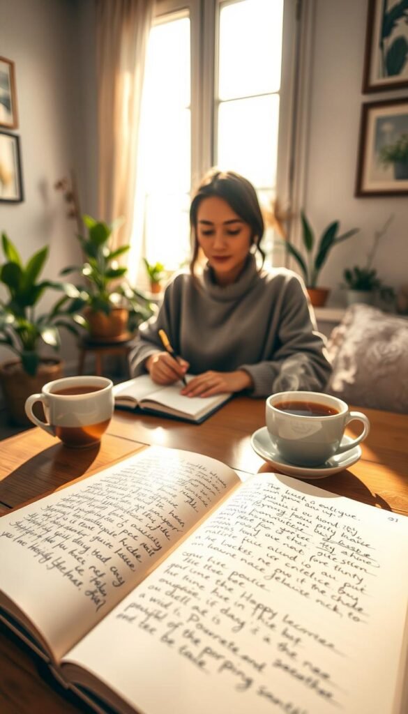 A serene and cozy interior scene depicting a woman journaling at a wooden desk bathed in soft, natural light from a nearby window. The foreground features a close-up of an open journal with elegantly handwritten notes and a steaming cup of herbal tea beside it. In the middle, the woman, dressed in comfortable, modest casual clothing, is thoughtfully writing, her expression calm and focused. The background showcases a peaceful room filled with indoor plants and calming artwork, enhancing the tranquil atmosphere. Soft shadows and warm tones create an inviting mood, emphasizing the gentle nature of journaling as a heart-soothing practice.