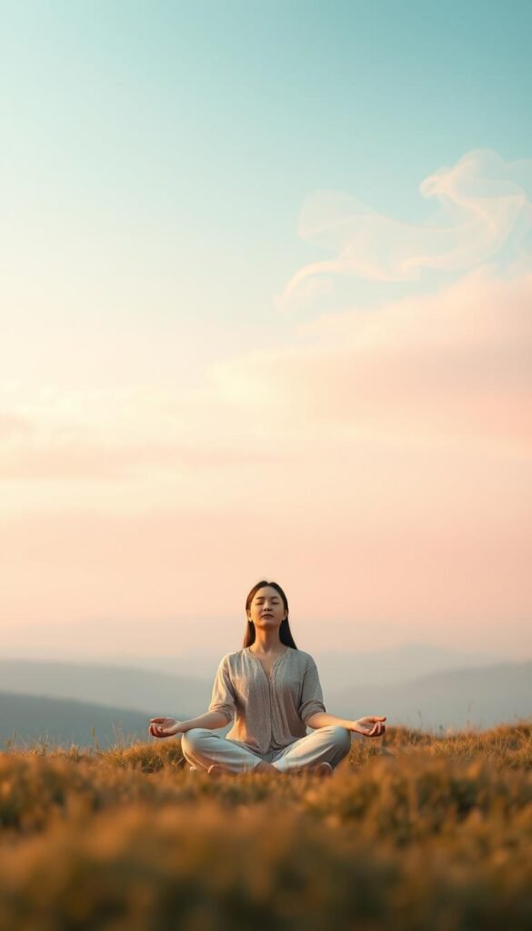 A serene and ethereal landscape depicting the essence of "feelings" in gentle pastel shades. In the foreground, a tranquil figure sitting in a meditative pose, dressed in soft, flowing attire, embodying calmness with closed eyes and a peaceful expression. The middle ground features softly swirling colors and light forms representing emotions, like delicate wisps of mist merging into one another. The background is a gradient sky transitioning from soft blue to warm blush, evoking a sense of tranquility. Ambient soft lighting bathes the scene, creating a soothing atmosphere, with a slight depth of field to focus on the meditative figure. Capture this heartfelt moment with a wide-angle lens to encompass the vastness of emotional calm. A serene and ethereal landscape depicting the essence of "feelings" in gentle pastel shades. In the foreground, a tranquil figure sitting in a meditative pose, dressed in soft, flowing attire, embodying calmness with closed eyes and a peaceful expression. The middle ground features softly swirling colors and light forms representing emotions, like delicate wisps of mist merging into one another. The background is a gradient sky transitioning from soft blue to warm blush, evoking a sense of tranquility. Ambient soft lighting bathes the scene, creating a soothing atmosphere, with a slight depth of field to focus on the meditative figure. Capture this heartfelt moment with a wide-angle lens to encompass the vastness of emotional calm.