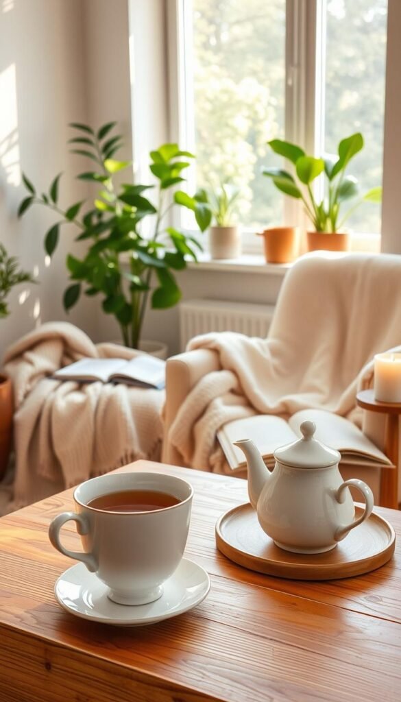 A serene and gentle morning ritual unfolds in a sunlit room. In the foreground, a cozy wooden table is set with a steaming cup of herbal tea, a delicate porcelain teapot, and a freshly baked croissant, inviting tranquility. The middle ground features a soft woolen blanket draped over a comfortable armchair, with a few open books and a lit candle adding warmth. In the background, a large window lets in soft, golden morning light, illuminating lush green plants placed on the windowsill, creating a tranquil atmosphere. The color palette is warm and soft, with pastel hues of light cream and soft greens. The overall mood is calm and idyllic, suggesting a perfect start to a slow, mindful weekend morning. A serene and gentle morning ritual unfolds in a sunlit room. In the foreground, a cozy wooden table is set with a steaming cup of herbal tea, a delicate porcelain teapot, and a freshly baked croissant, inviting tranquility. The middle ground features a soft woolen blanket draped over a comfortable armchair, with a few open books and a lit candle adding warmth. In the background, a large window lets in soft, golden morning light, illuminating lush green plants placed on the windowsill, creating a tranquil atmosphere. The color palette is warm and soft, with pastel hues of light cream and soft greens. The overall mood is calm and idyllic, suggesting a perfect start to a slow, mindful weekend morning.