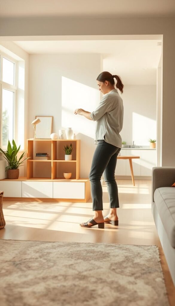A serene and inspiring room interior showcasing a "spring cleaning" scene in a minimalist style. In the foreground, a person dressed in comfortable yet professional casual clothing is gently organizing a tidy living space, placing decorative items on a simple wooden shelf. The middle layer features a clean, airy room with large windows allowing soft, natural light to stream in, illuminating a few potted plants and minimalist furniture. The walls are painted in calming pastel colors, enhancing the fresh atmosphere. In the background, a glimpse of a well-organized kitchen can be seen, with a few essential items neatly arranged. The overall mood is peaceful and uplifting, reflecting renewal and simplicity. Capture this scene with warm, inviting lighting to emphasize the cleanliness and freshness of spring.
