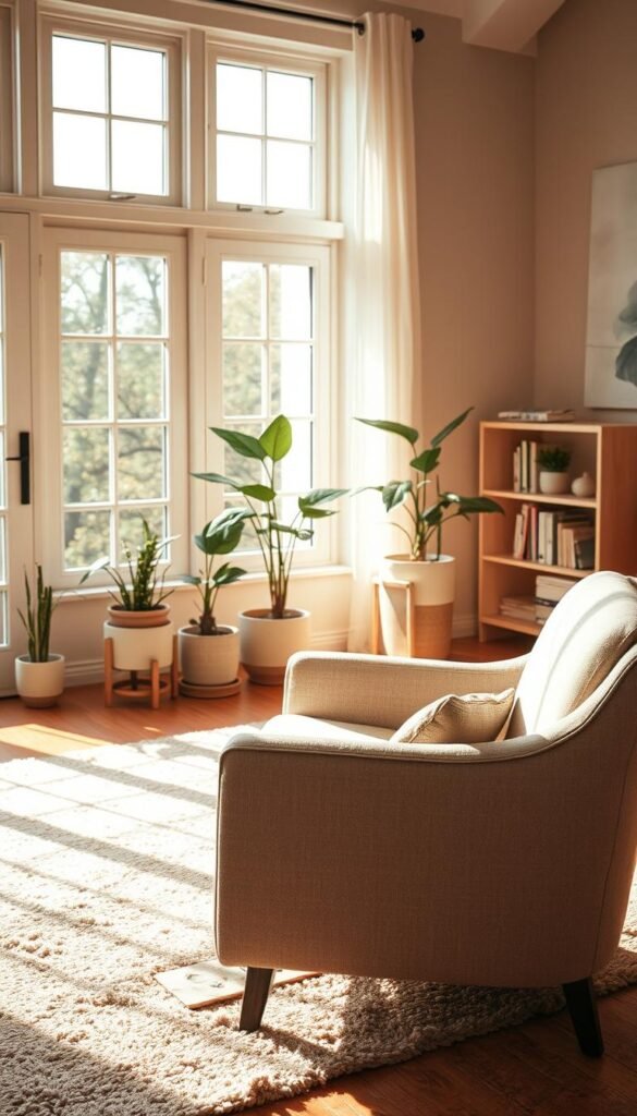 A serene and intentional living space designed for tranquility and reflection. In the foreground, a cozy, inviting armchair upholstered in soft, neutral tones sits beside a small, wooden side table with a cup of herbal tea. The middle ground features a warmly-lit room with large windows allowing natural sunlight to pour in, casting gentle shadows across a plush area rug. Houseplants in ceramic pots add a touch of greenery, while a minimalist bookshelf holds a few curated books. In the background, soft beige walls and a calming artwork create a peaceful atmosphere. The overall mood is calm and soothing, evoking a sense of mindfulness and purpose. The image should be captured from a slightly elevated angle to encompass the entire space, with warm, soft lighting enhancing the inviting feel of the room.