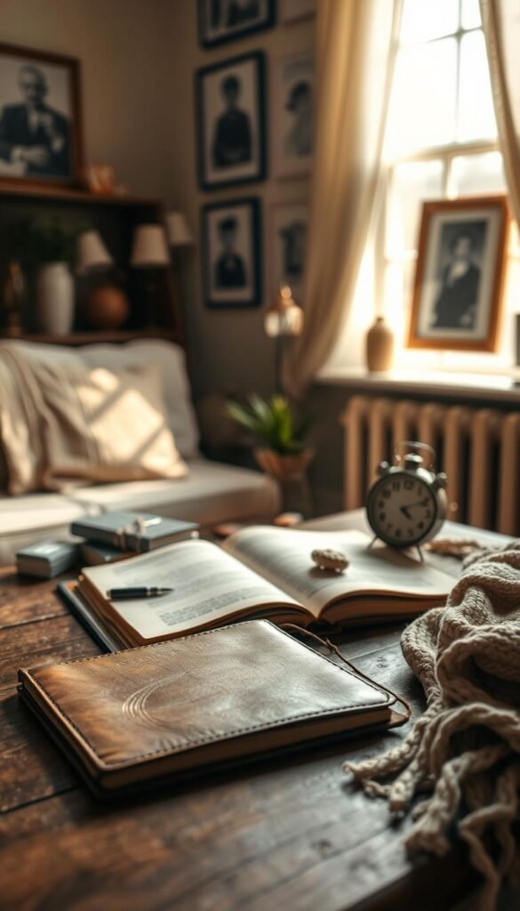 A serene and intimate scene depicting a cozy room filled with sentimental items that evoke memories. In the foreground, a gently worn leather-bound journal and an old family photo album sit open on a wooden table, surrounded by delicate, faded trinkets such as a small vintage clock and a hand-knitted scarf. In the middle ground, soft, natural light streams through a nearby window, casting gentle shadows and highlighting the textures of these cherished objects. The background features a softly painted wall with framed black-and-white photographs, evoking a sense of nostalgia. The atmosphere is warm and inviting, promoting feelings of reflection and emotional connection. A shallow depth of field creates a dreamy effect, focusing on the memories while softly blurring the surroundings.