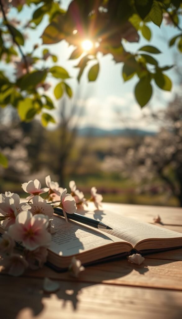 A serene and introspective atmosphere representing "feelings" for the topic of emotional journaling in April. In the foreground, an open journal with a pen lies on a wooden table, surrounded by soft, pastel-colored flowers symbolizing renewal. In the middle ground, a gentle stream of sunlight filters through leafy branches, creating a warm and inviting glow. Soft shadows dance around the journal, enhancing the tranquility of the scene. In the background, a blurred view of a spring landscape with blooming trees and a light blue sky conveys a sense of hope and growth. The overall mood is peaceful and contemplative, inviting viewers to reflect on their emotions and the significance of journaling during this season.