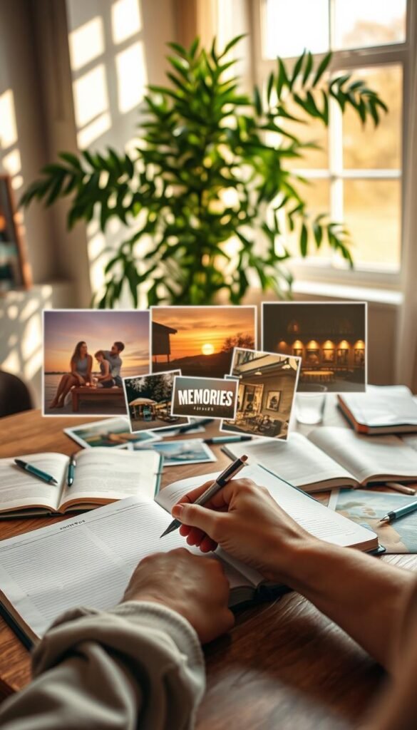 A serene and introspective scene representing the concept of "memories," centered on a wooden desk scattered with open journals, pens, and photographs. In the foreground, a pair of hands delicately writes in a journal, showcasing a close-up of the writing process. The middle section features an array of vibrant, overlapping images of joyful moments—a family picnic, a sunset, and a cozy coffee shop, all artistically blurred to evoke nostalgia. In the background, soft, warm sunlight streams through a large window, casting gentle shadows and illuminating the room. A lush indoor plant adds a touch of life to the cozy atmosphere, creating a mood of reflection and emotional clarity. The overall color palette is soft pastels with a hint of golden light, enhancing the feeling of warmth and mindfulness.