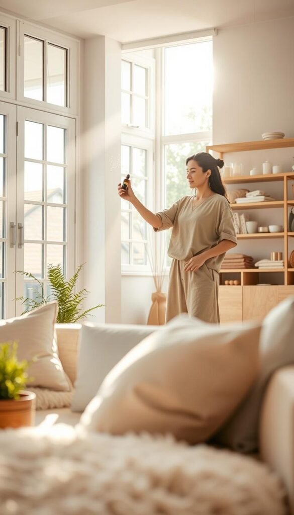 A serene and inviting home environment reflecting the concept of "home cleansing." In the foreground, a cozy living space features soft pastel-colored cushions and a light, fluffy rug. A potted plant adds a touch of greenery. In the middle ground, a person dressed in modest, comfortable clothing gently sprinkles natural essential oils, infusing the air with freshness. Light streams through large windows, casting soft, warm rays that create a tranquil atmosphere. The background showcases a sun-drenched room with minimalistic décor and open shelves holding aromatic candles and soft textiles. The overall mood is calm, inviting, and harmonious, emphasizing a mindful reset through softness and care. Ensure a wide-angle view captures the entire scene, highlighting the peacefulness of the space. A serene and inviting home environment reflecting the concept of "home cleansing." In the foreground, a cozy living space features soft pastel-colored cushions and a light, fluffy rug. A potted plant adds a touch of greenery. In the middle ground, a person dressed in modest, comfortable clothing gently sprinkles natural essential oils, infusing the air with freshness. Light streams through large windows, casting soft, warm rays that create a tranquil atmosphere. The background showcases a sun-drenched room with minimalistic décor and open shelves holding aromatic candles and soft textiles. The overall mood is calm, inviting, and harmonious, emphasizing a mindful reset through softness and care. Ensure a wide-angle view captures the entire scene, highlighting the peacefulness of the space.