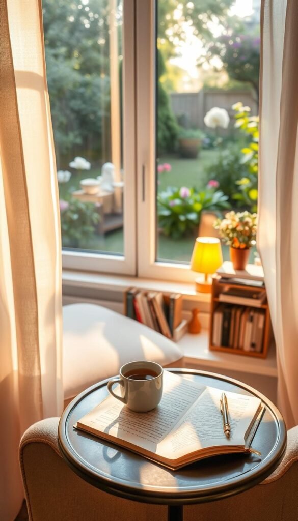A serene and inviting home interior, featuring a cozy reading nook bathed in soft, warm daylight streaming through sheer curtains. The foreground includes a plush armchair and a small side table set with a steaming cup of tea and an open journal with a pen, symbolizing the reflective moment of emotional decluttering. In the middle, there’s a softly glowing lamp and a small bookshelf filled with well-loved books. The background showcases a window with a view of a calm garden, lush greenery, and flowers gently swaying in the breeze, enhancing the peaceful atmosphere. The overall lighting is gentle and soothing, casting a tranquil glow over the entire scene, evoking a meaningful moment of calm and introspection.