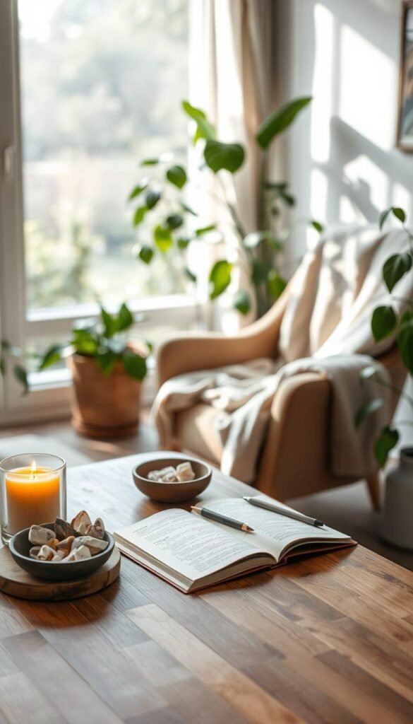 A serene and inviting indoor space dedicated to a daily reset ritual. In the foreground, a wooden table adorned with calming elements: a lit candle, a small bowl of crystals, a steaming cup of herbal tea, and an open journal with a pen resting beside it. In the middle ground, a cozy armchair draped with a soft blanket, positioned near a window with soft natural light streaming in, casting gentle shadows. In the background, lush indoor plants add vibrancy and tranquility to the scene, while a subtle, blurred view of a peaceful garden outside enhances the atmosphere of calmness and clarity. The overall mood is tranquil and reflective, emphasizing simplicity and focus on mindfulness. Use soft, warm lighting to convey comfort and peace.