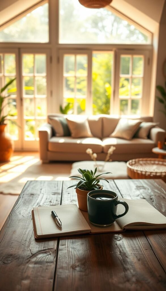 A serene and inviting interior scene depicting the essence of simple living. In the foreground, a well-worn wooden table is adorned with a small potted plant, an open notebook with a pen, and a steaming cup of herbal tea, conveying a sense of mindfulness. The middle ground features a cozy, sunlit living room with a soft, neutral-tone couch adorned with a few handmade cushions, all set against a backdrop of large windows letting in warm, golden sunlight. In the background, greenery peeks through the glass, suggesting tranquility and connection to nature. The atmosphere is peaceful and uncluttered, evoking feelings of ease and relaxation. Shot using a 50mm lens with soft focus and natural lighting to emphasize warmth and comfort throughout the space. A serene and inviting interior scene depicting the essence of simple living. In the foreground, a well-worn wooden table is adorned with a small potted plant, an open notebook with a pen, and a steaming cup of herbal tea, conveying a sense of mindfulness. The middle ground features a cozy, sunlit living room with a soft, neutral-tone couch adorned with a few handmade cushions, all set against a backdrop of large windows letting in warm, golden sunlight. In the background, greenery peeks through the glass, suggesting tranquility and connection to nature. The atmosphere is peaceful and uncluttered, evoking feelings of ease and relaxation. Shot using a 50mm lens with soft focus and natural lighting to emphasize warmth and comfort throughout the space.