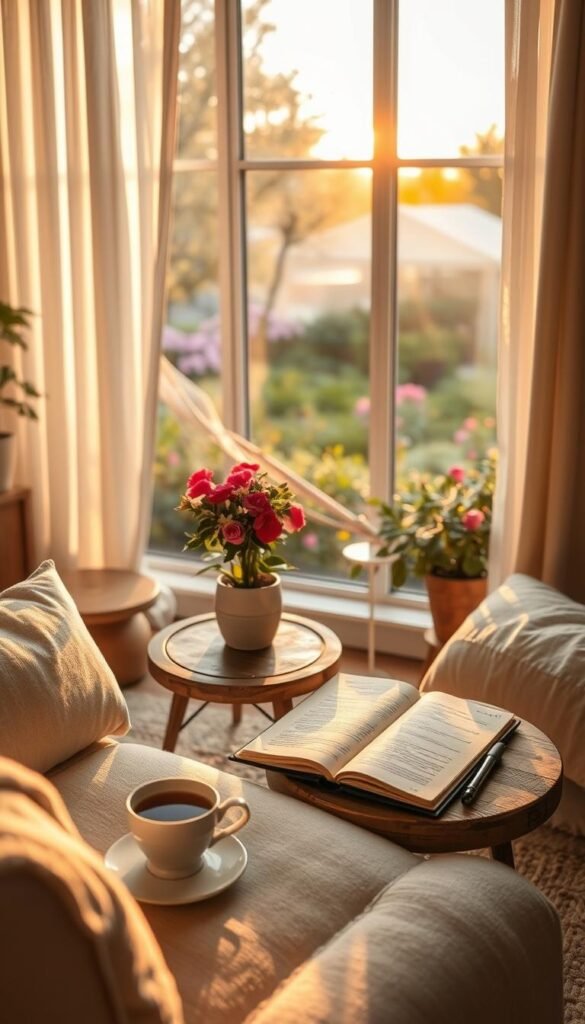 A serene and inviting living room during a spring evening, bathed in soft, warm golden light filtering through sheer curtains. In the foreground, a comfortable lounge chair with plush cushions, a steaming cup of herbal tea resting on a small, rustic wooden table. In the middle, a potted flowering plant adds a splash of color, while an open journal and a pen lie nearby, suggesting contemplation and mindfulness. In the background, a large window reveals a blossoming garden outside, with vibrant flowers and gentle greens softly illuminated by the fading daylight. The atmosphere is calm and rejuvenating, embodying tranquility and the refreshing essence of spring, perfect for a heart-focused reset routine.