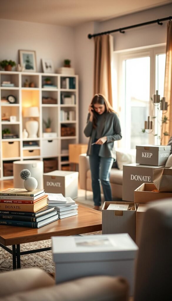 A serene and inviting living room scene showcasing the process of decluttering a home. In the foreground, a person in modest casual clothing is attentively sorting through a collection of books and decorations on a stylish wooden coffee table. The middle ground features various organized boxes labeled for "Keep," "Donate," and "Discard," illustrating the step-by-step ritual of the decluttering process. The background reveals softly lit shelves with carefully arranged items and a large window allowing warm, natural light to flood the room, creating an atmosphere of calm and focus. The overall mood should evoke a sense of clarity and emotional renewal, capturing the essence of a thoughtful decluttering routine for the New Year. Use a soft focus lens effect to enhance the warm ambiance.