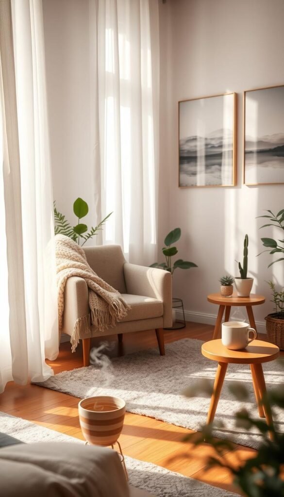 A serene and inviting room bathed in soft, natural light filtering through sheer curtains. The foreground features a plush armchair with a warm, knitted throw draped over it, alongside a small wooden side table holding a steaming cup of herbal tea, its aroma almost palpable. In the middle, there's a gentle grey rug on the hardwood floor, adding warmth and comfort. The background showcases calming wall art depicting abstract landscapes, contributing to a tranquil atmosphere. Potted indoor plants add a touch of green, enhancing the room's peaceful vibe. The overall composition conveys a sense of emotional calm and encourages a slow, mindful pace, ideal for moments of reflection and relaxation. The scene is captured from a cozy angle, creating an intimate, welcoming ambiance.