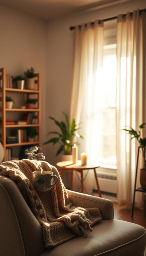 A serene and inviting room bathed in soft, warm light radiating from an unobtrusive window. In the foreground, a cozy armchair is adorned with a knitted throw and a neatly placed warm cup of tea, steam gently swirling upward. The middle ground features a small table with a flickering candle, adding to the intimate ambiance. Shelves lined with books and a few potted plants create a tranquil backdrop, while a soft-focus view of a quiet, sunlit corner enhances the overall calmness. The lighting is soft and diffused, reminiscent of late morning sunlight filtering through sheer curtains. The scene conveys a sense of peacefulness and warmth, perfect for beginning a day of emotional decluttering.