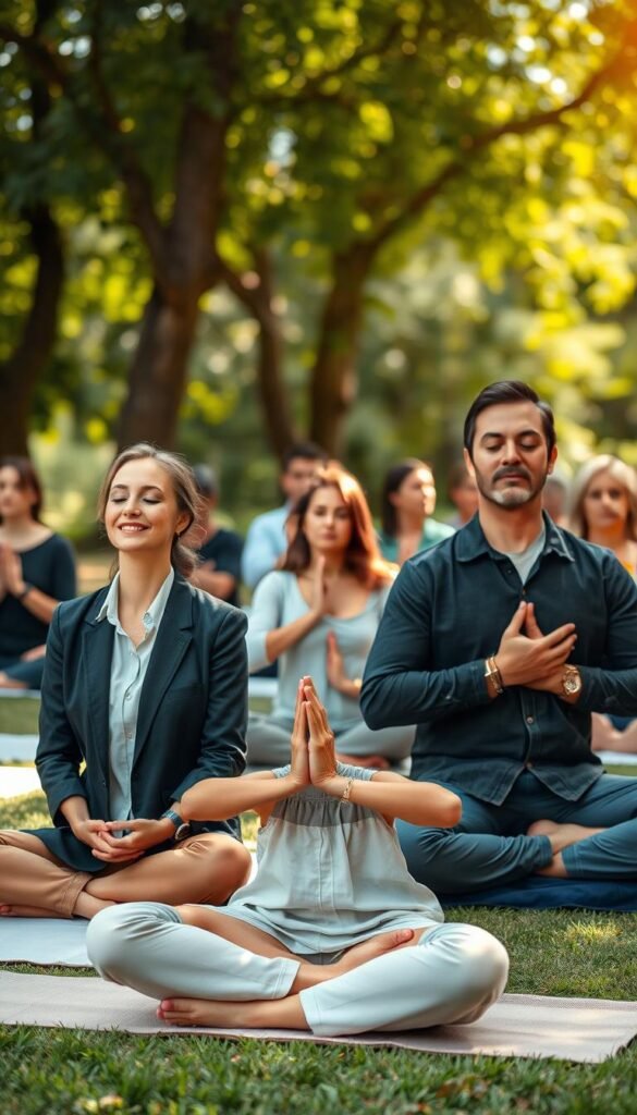 A serene and inviting scene depicting a diverse group of individuals engaged in breath-led practices in a tranquil outdoor setting. In the foreground, a woman in professional attire sits cross-legged on a soft mat, her eyes closed and a gentle smile on her face, embodying peace and focus. Beside her, a man in casual clothing performs deep breathing exercises, his posture relaxed and open. In the middle ground, more people of various ages and backgrounds are seated, some with hands on their knees, others resting their palms on their heart centers, all centered around the theme of mindfulness. The background features lush trees and a soft breeze, with dappled sunlight filtering through, creating a warm, calming atmosphere. The overall mood conveys tranquility and connection to nature, ideal for practicing breath-led mindfulness anywhere. A serene and inviting scene depicting a diverse group of individuals engaged in breath-led practices in a tranquil outdoor setting. In the foreground, a woman in professional attire sits cross-legged on a soft mat, her eyes closed and a gentle smile on her face, embodying peace and focus. Beside her, a man in casual clothing performs deep breathing exercises, his posture relaxed and open. In the middle ground, more people of various ages and backgrounds are seated, some with hands on their knees, others resting their palms on their heart centers, all centered around the theme of mindfulness. The background features lush trees and a soft breeze, with dappled sunlight filtering through, creating a warm, calming atmosphere. The overall mood conveys tranquility and connection to nature, ideal for practicing breath-led mindfulness anywhere.
