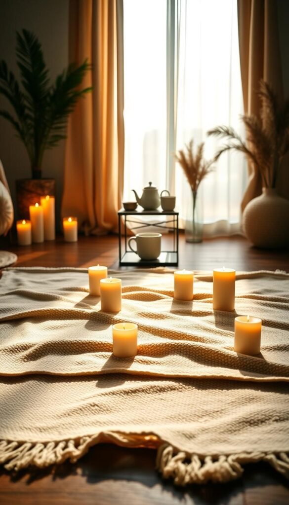 A serene and inviting scene depicting the essence of "intention" in a cozy ceremony setting. In the foreground, a soft, textured blanket laid out on a wooden floor, adorned with gentle candles emitting a warm glow. Shadows dance lightly around the candles, creating an intimate atmosphere. In the middle, a small, elegantly arranged table holds a teapot and simple mugs, inviting warmth and connection. Light filters through sheer curtains in the background, casting a soft, diffused glow over the room, which is decorated with warm earth tones and simple plants. The mood is calm and inviting, evoking feelings of comfort, emotional warmth, and a sense of purpose. The angle showcases the inviting arrangement, focusing on the harmonious interplay of light and the cozy elements.