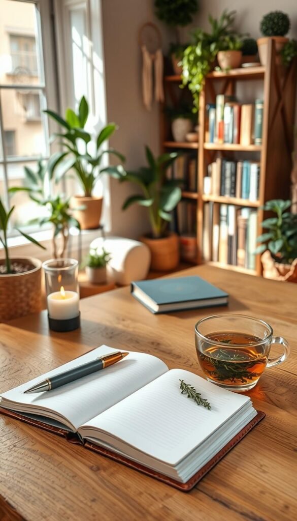 A serene and inviting workspace dedicated to mini-rituals for journaling. In the foreground, a beautifully arranged wooden table holds an open leather-bound journal, a fountain pen, and a small burning candle. Next to the journal, a delicate crystal bowl filled with fresh herbs sits alongside a steaming cup of herbal tea. In the middle ground, soft pastel colors envelop the scene, creating a peaceful ambiance. The background features a warm, softly lit room adorned with plants, shelves of books, and dreamcatchers hanging from the wall. Natural light filters through a window, casting gentle shadows. The overall atmosphere is calm and reflective, encouraging mindfulness and creativity.