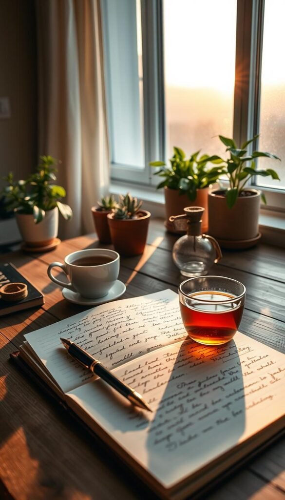 A serene and inviting workspace featuring a beautifully arranged wooden desk with a cozy journal, ornate pen, and a cup of steaming herbal tea. In the foreground, soft, natural light streams through a large window, casting gentle shadows and illuminating the pages of the open journal filled with graceful handwriting. In the middle ground, delicate potted plants add a touch of greenery, creating a fresh and tranquil atmosphere. The background features a calming scene of a softly blurred sunrise, with warm pastel colors blending harmoniously. The overall mood is peaceful and reflective, evoking a sense of warmth and inspiration, perfect for a gentle morning routine focused on self-discovery. The composition should feel inviting and intimate, encouraging viewers to envision themselves in this moment of calm. A serene and inviting workspace featuring a beautifully arranged wooden desk with a cozy journal, ornate pen, and a cup of steaming herbal tea. In the foreground, soft, natural light streams through a large window, casting gentle shadows and illuminating the pages of the open journal filled with graceful handwriting. In the middle ground, delicate potted plants add a touch of greenery, creating a fresh and tranquil atmosphere. The background features a calming scene of a softly blurred sunrise, with warm pastel colors blending harmoniously. The overall mood is peaceful and reflective, evoking a sense of warmth and inspiration, perfect for a gentle morning routine focused on self-discovery. The composition should feel inviting and intimate, encouraging viewers to envision themselves in this moment of calm.