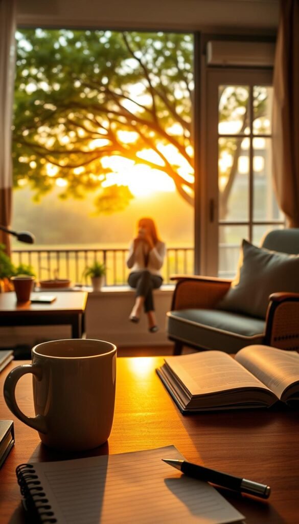 A serene and inviting workspace scene capturing three distinct mini-break moments throughout a day. In the foreground, a cozy coffee mug sits beside a colorful notepad with a pen, symbolizing a peaceful morning routine. In the middle, an outdoor lunch setting features a person in smart-casual attire, enjoying a light meal under a sun-dappled tree, reflecting the midday break. In the background, the soft glow of sunset filters through a window, illuminating a comfortable armchair with a book and a cushion, evoking a tranquil evening atmosphere. The image should convey a sense of calm and mindfulness, with warm lighting and a gentle bokeh effect to enhance the relaxing feel. A serene and inviting workspace scene capturing three distinct mini-break moments throughout a day. In the foreground, a cozy coffee mug sits beside a colorful notepad with a pen, symbolizing a peaceful morning routine. In the middle, an outdoor lunch setting features a person in smart-casual attire, enjoying a light meal under a sun-dappled tree, reflecting the midday break. In the background, the soft glow of sunset filters through a window, illuminating a comfortable armchair with a book and a cushion, evoking a tranquil evening atmosphere. The image should convey a sense of calm and mindfulness, with warm lighting and a gentle bokeh effect to enhance the relaxing feel.