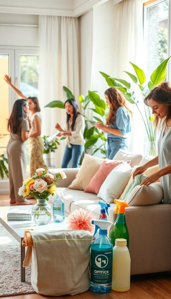 A serene and joyful spring cleaning scene in a bright, softly lit living room. In the foreground, a diverse group of individuals is tenderly organizing and dusting various items, showcasing a blend of modest casual clothing. One person is gently wiping a window, allowing natural light to flood the room, while another is arranging fresh flowers in a vase on a coffee table. In the middle ground, a cozy sofa is adorned with pastel-colored cushions, and colorful cleaning supplies—like a fluffy duster and eco-friendly sprays—are neatly arranged. The background features lush, green plants and sunlight streaming through open curtains, creating an inviting atmosphere filled with warmth and renewal. The overall mood is light-hearted and refreshing, embodying the spirit of rejuvenation.