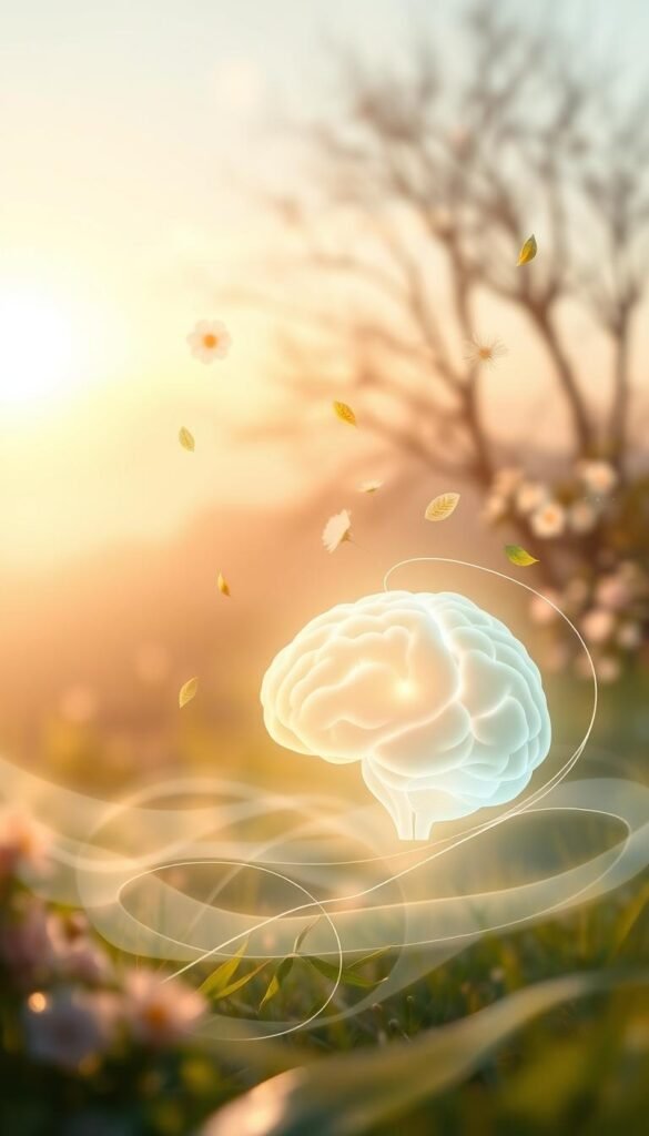 A serene and tranquil depiction of the concept of "mind," with a focus on mindfulness and reflection. In the foreground, a gently glowing, abstract representation of a brain, surrounded by soft, flowing lines and calming colors like pastel blues and greens, symbolizing clarity and tranquility. The middle ground features delicate wisps of clouds and floating leaves, representing thoughts drifting gently, evoking a sense of peaceful contemplation. In the background, a softly lit spring landscape with blooming flowers and a softly glowing sun through a delicate haze, enhancing the uplifting atmosphere. The image should be illuminated with warm, natural lighting to create an inviting and reflective mood, captured from a slightly elevated angle to encompass the harmony of the scene. A serene and tranquil depiction of the concept of "mind," with a focus on mindfulness and reflection. In the foreground, a gently glowing, abstract representation of a brain, surrounded by soft, flowing lines and calming colors like pastel blues and greens, symbolizing clarity and tranquility. The middle ground features delicate wisps of clouds and floating leaves, representing thoughts drifting gently, evoking a sense of peaceful contemplation. In the background, a softly lit spring landscape with blooming flowers and a softly glowing sun through a delicate haze, enhancing the uplifting atmosphere. The image should be illuminated with warm, natural lighting to create an inviting and reflective mood, captured from a slightly elevated angle to encompass the harmony of the scene.