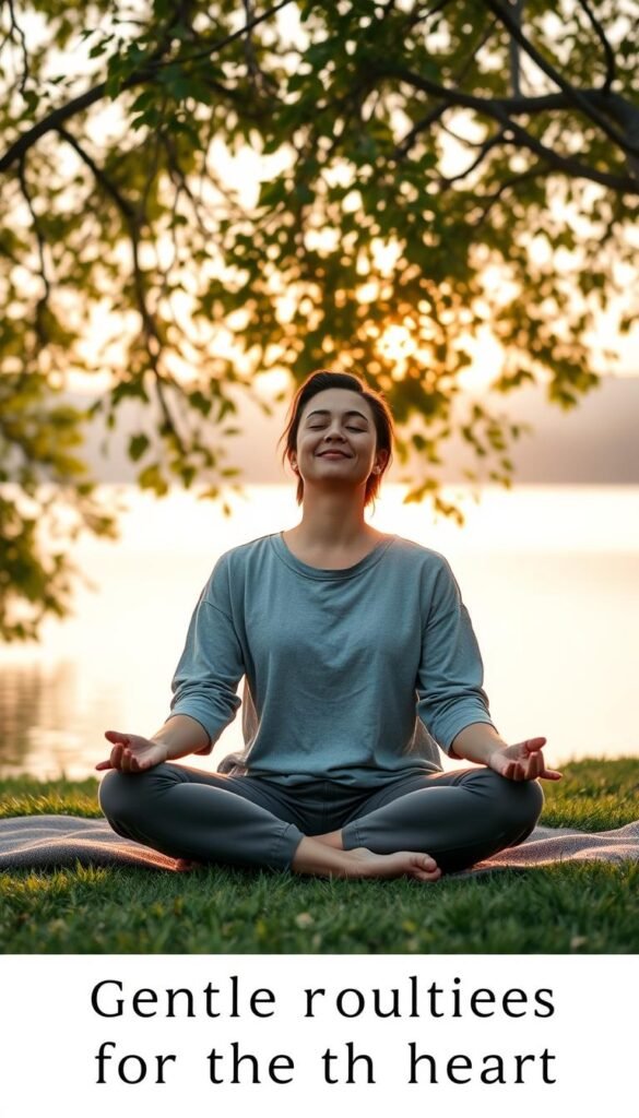 A serene and tranquil scene representing "mindfulness for the heart." In the foreground, a person in modest casual clothing sits cross-legged on a soft, grassy surface, eyes closed in meditation, with a slight smile, radiating inner peace. In the middle ground, gentle ripples of a calm lake reflect the soft colors of dawn, symbolizing emotional clarity. Surrounding the lake are lush, green trees, their leaves gently swaying in a mild breeze, creating a warm and inviting atmosphere. The background features a soft, pastel-colored sky as the sun begins to rise, casting a golden glow that filters through the branches, enhancing the serene mood. The lighting is soft and diffused, evoking a sense of warmth and tranquility, ideal for promoting gentle routines that matter for the heart.