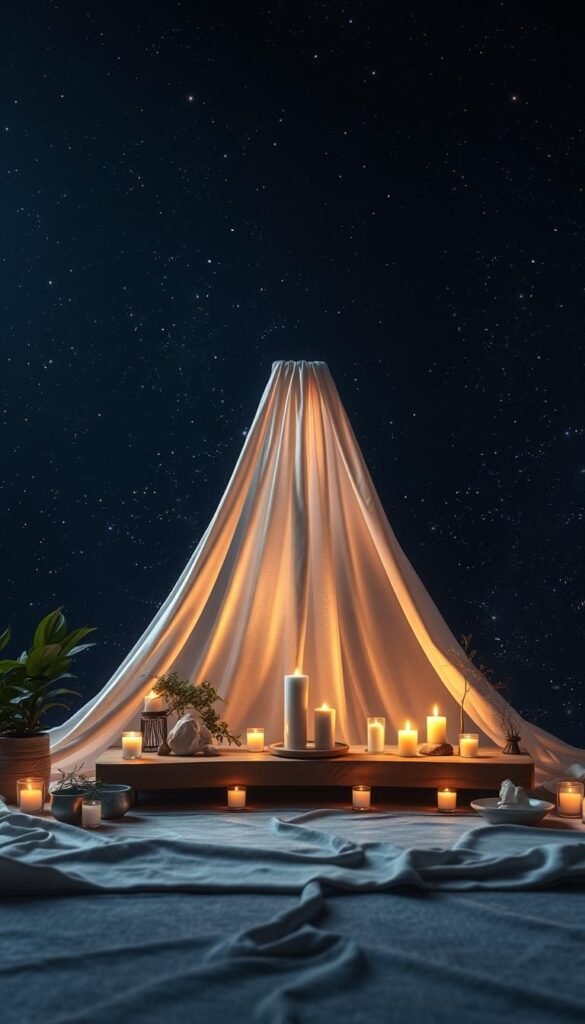 A serene and tranquil space set in the vastness of cosmic space, filled with soft glowing lights resembling distant stars. In the foreground, a simple wooden altar adorned with calming crystals, candles, and delicate plants, radiating harmony. The middle section showcases a flowing fabric draping softly, creating texture alongside shadows, capturing ethereal light that filters through. The background is a deep, rich expanse of dark blues and purples, speckled with twinkling stars and a faint outline of swirling galaxies. The overall composition conveys a peaceful atmosphere, inviting reflection and calmness, with soft, diffused lighting that creates a meditative feel. Use a wide-angle lens to enhance depth and a soft focus for a dreamy, tranquil effect. A serene and tranquil space set in the vastness of cosmic space, filled with soft glowing lights resembling distant stars. In the foreground, a simple wooden altar adorned with calming crystals, candles, and delicate plants, radiating harmony. The middle section showcases a flowing fabric draping softly, creating texture alongside shadows, capturing ethereal light that filters through. The background is a deep, rich expanse of dark blues and purples, speckled with twinkling stars and a faint outline of swirling galaxies. The overall composition conveys a peaceful atmosphere, inviting reflection and calmness, with soft, diffused lighting that creates a meditative feel. Use a wide-angle lens to enhance depth and a soft focus for a dreamy, tranquil effect.