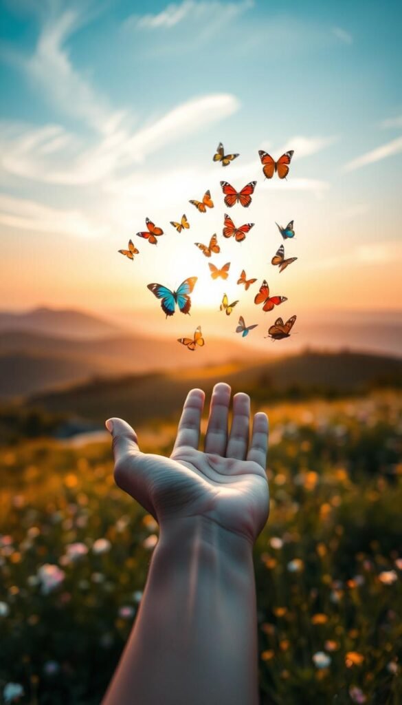 A serene and uplifting scene depicting the concept of "life release". In the foreground, an open hand gently releasing a swirl of colorful butterflies, symbolizing freedom and letting go. The middle ground features a tranquil landscape with soft hills and blooming flowers under a warm, golden sunset, representing personal growth and positivity. In the background, a clear blue sky with wispy clouds fades into a gentle horizon, evoking a sense of infinite possibilities. Soft, diffused lighting illuminates the scene, creating a peaceful and hopeful atmosphere. The composition should have a dreamy, ethereal quality, inviting viewers to reflect on their own experiences of release and intentional living. No people are included to maintain focus on the concept. A serene and uplifting scene depicting the concept of "life release". In the foreground, an open hand gently releasing a swirl of colorful butterflies, symbolizing freedom and letting go. The middle ground features a tranquil landscape with soft hills and blooming flowers under a warm, golden sunset, representing personal growth and positivity. In the background, a clear blue sky with wispy clouds fades into a gentle horizon, evoking a sense of infinite possibilities. Soft, diffused lighting illuminates the scene, creating a peaceful and hopeful atmosphere. The composition should have a dreamy, ethereal quality, inviting viewers to reflect on their own experiences of release and intentional living. No people are included to maintain focus on the concept.