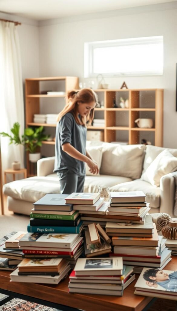 A serene and uplifting scene of a bright, inviting living room undergoing a decluttering process. In the foreground, a person dressed in modest casual clothing is sorting through a pile of books and decorative items, placing them into a neat stack on a coffee table. The middle ground features a cozy sofa with soft cushions, and a large window bathing the room in natural light, illuminating the dust floating gently in the air. The background consists of a bookshelf with some empty spaces, emphasizing the theme of letting go. The atmosphere is calm and organized, reflecting a sense of release from rushing, pressure, and perfection, inspiring both tranquility and motivation to start anew.