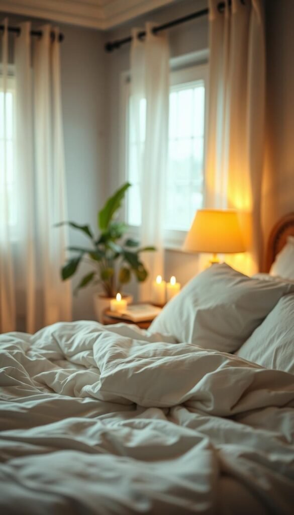 A serene bedroom scene capturing the essence of peaceful sleep. In the foreground, a cozy bed with soft, rumpled white linens, surrounded by plush pillows, inviting relaxation. A bedside table holds a gently flickering candle and an open book, suggesting an unhurried evening. The middle ground features warm, diffused lighting from a bedside lamp, creating a soft glow that enhances the tranquil atmosphere. The background showcases a window slightly ajar, with sheer curtains fluttering, allowing the soft morning light to filter in, illuminating the gentle outlines of a potted plant. The overall mood is calm and soothing, evoking feelings of comfort and restfulness, perfect for tender nights and unhurried mornings. Use a warm color palette with soft shadows and a shallow depth of field to emphasize the serene ambiance.
