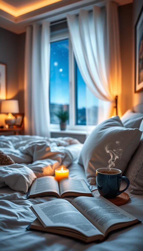 A serene bedroom scene depicting a cozy evening atmosphere that promotes better sleep. In the foreground, a plush, neatly made bed with fluffy pillows and soft, warm blankets. On the bedside table, a gentle candle flickers, casting a soft golden glow. A steaming cup of herbal tea is placed next to an open book with a soothing cover. In the middle, a window reveals a starlit night sky, with sheer curtains gently swaying, letting in a cool breeze. The background features dimly lit walls adorned with calming artwork. Soft, ambient lighting enhances the cozy, tranquil mood, creating a sense of peace and relaxation ideal for winding down. The angle is slightly elevated, capturing the entire scene in a warm, inviting composition. A serene bedroom scene depicting a cozy evening atmosphere that promotes better sleep. In the foreground, a plush, neatly made bed with fluffy pillows and soft, warm blankets. On the bedside table, a gentle candle flickers, casting a soft golden glow. A steaming cup of herbal tea is placed next to an open book with a soothing cover. In the middle, a window reveals a starlit night sky, with sheer curtains gently swaying, letting in a cool breeze. The background features dimly lit walls adorned with calming artwork. Soft, ambient lighting enhances the cozy, tranquil mood, creating a sense of peace and relaxation ideal for winding down. The angle is slightly elevated, capturing the entire scene in a warm, inviting composition.
