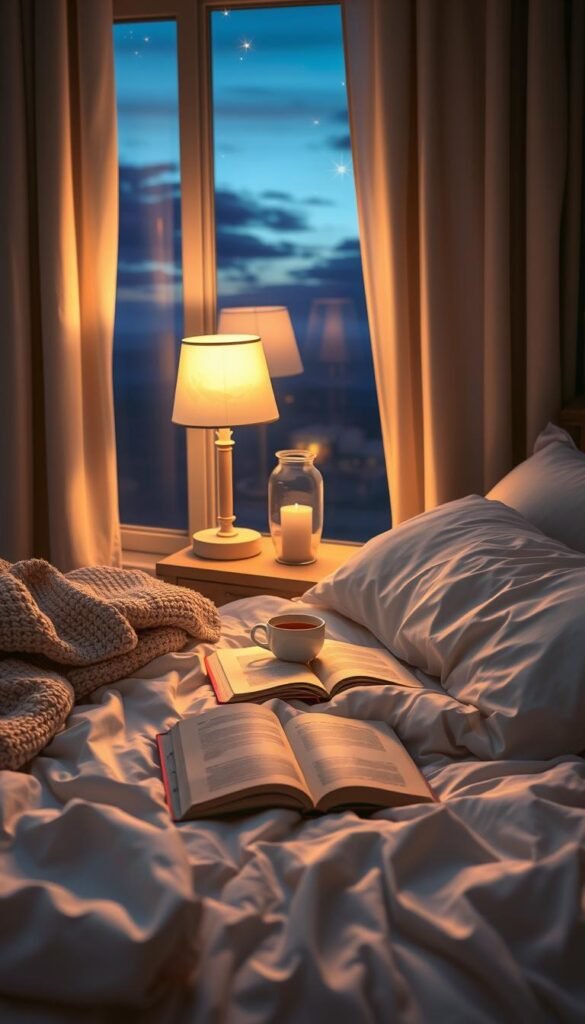 A serene bedroom scene illustrating the concept of sleep. In the foreground, a cozy bed with rumpled white sheets and soft, fluffy pillows invites relaxation. A warm, knitted blanket is casually draped over one side. In the middle, a bedside table holds a gently glowing lamp casting a soft, inviting light, along with a steaming cup of herbal tea. A book lies open, pages softly fluttering. In the background, the curtains are partially drawn, revealing a twilight sky tinged with deep blues and purples, and a few twinkling stars. Create a peaceful atmosphere evoking calmness and comfort, with soft focus and warm lighting that enhances the inviting mood of winding down for sleep. A serene bedroom scene illustrating the concept of sleep. In the foreground, a cozy bed with rumpled white sheets and soft, fluffy pillows invites relaxation. A warm, knitted blanket is casually draped over one side. In the middle, a bedside table holds a gently glowing lamp casting a soft, inviting light, along with a steaming cup of herbal tea. A book lies open, pages softly fluttering. In the background, the curtains are partially drawn, revealing a twilight sky tinged with deep blues and purples, and a few twinkling stars. Create a peaceful atmosphere evoking calmness and comfort, with soft focus and warm lighting that enhances the inviting mood of winding down for sleep.