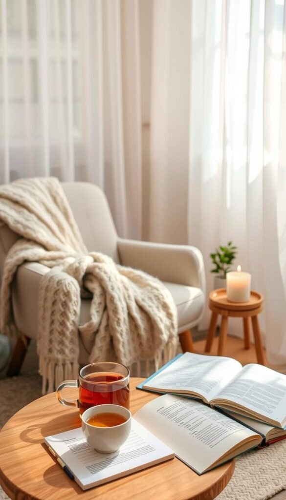 A serene, calming scene depicting an inviting indoor space designed for an emotional reset. In the foreground, a cozy armchair with a soft, knitted blanket draped over it, complemented by a steaming cup of herbal tea on a wooden side table. The middle ground showcases a gently flickering candle and an open journal, inviting reflection. Soft, natural light filters in through sheer curtains, casting gentle shadows, creating a warm and peaceful atmosphere. In the background, a small indoor plant adds a touch of greenery. The color palette features soft pastels and earth tones, exuding a sense of tranquility. The overall mood is soothing and nurturing, encouraging moments of introspection and calm, perfect for an emotional reset routine. A serene, calming scene depicting an inviting indoor space designed for an emotional reset. In the foreground, a cozy armchair with a soft, knitted blanket draped over it, complemented by a steaming cup of herbal tea on a wooden side table. The middle ground showcases a gently flickering candle and an open journal, inviting reflection. Soft, natural light filters in through sheer curtains, casting gentle shadows, creating a warm and peaceful atmosphere. In the background, a small indoor plant adds a touch of greenery. The color palette features soft pastels and earth tones, exuding a sense of tranquility. The overall mood is soothing and nurturing, encouraging moments of introspection and calm, perfect for an emotional reset routine.