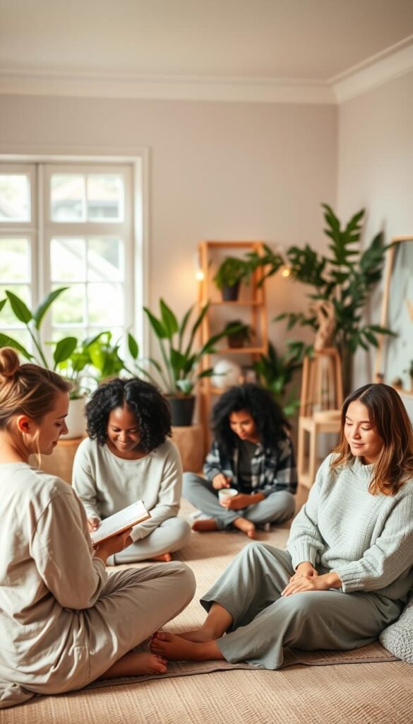 A serene, comforting scene that evokes a sense of emotional well-being. In the foreground, a diverse group of four individuals, each in modest casual clothing, sit in a cozy, softly lit room, engaging in gentle self-care activities such as journaling, sipping herbal tea, and practicing mindfulness. The middle ground features a warm, inviting space filled with lush plants and calming decor, creating an atmosphere of tranquility. In the background, large windows let in soft, natural light, illuminating the scene and enhancing the peaceful ambiance. The color palette is soft and harmonious, featuring pastel tones to convey warmth and emotional balance. The overall mood should be gentle and nurturing, emphasizing the importance of self-care routines for emotional health. A serene, comforting scene that evokes a sense of emotional well-being. In the foreground, a diverse group of four individuals, each in modest casual clothing, sit in a cozy, softly lit room, engaging in gentle self-care activities such as journaling, sipping herbal tea, and practicing mindfulness. The middle ground features a warm, inviting space filled with lush plants and calming decor, creating an atmosphere of tranquility. In the background, large windows let in soft, natural light, illuminating the scene and enhancing the peaceful ambiance. The color palette is soft and harmonious, featuring pastel tones to convey warmth and emotional balance. The overall mood should be gentle and nurturing, emphasizing the importance of self-care routines for emotional health.