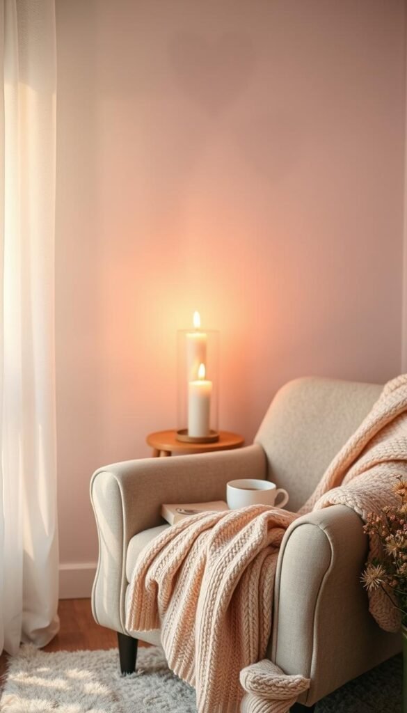 A serene composition of gentle emotions depicted through soft, flowing colors like pastel pinks, calming blues, and delicate greens. In the foreground, a cozy nook with a plush armchair draped in a warm, knitted blanket, perhaps a warm cup of herbal tea resting on a small side table. In the middle, a gently flickering candle illuminates the space, casting soft shadows and creating an inviting atmosphere. The background is filled with abstract shapes representing hearts and gentle swirls, blending harmoniously into a tranquil setting. The lighting should be warm and soft, enhancing the peaceful mood, as if capturing the essence of a quiet evening. A slightly elevated angle focuses on the intimate space, inviting feelings of comfort, peace, and emotional well-being. The overall tone should evoke a sense of calm and introspection without any text or distraction. A serene composition of gentle emotions depicted through soft, flowing colors like pastel pinks, calming blues, and delicate greens. In the foreground, a cozy nook with a plush armchair draped in a warm, knitted blanket, perhaps a warm cup of herbal tea resting on a small side table. In the middle, a gently flickering candle illuminates the space, casting soft shadows and creating an inviting atmosphere. The background is filled with abstract shapes representing hearts and gentle swirls, blending harmoniously into a tranquil setting. The lighting should be warm and soft, enhancing the peaceful mood, as if capturing the essence of a quiet evening. A slightly elevated angle focuses on the intimate space, inviting feelings of comfort, peace, and emotional well-being. The overall tone should evoke a sense of calm and introspection without any text or distraction.