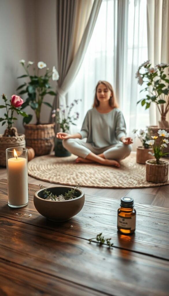A serene, cozy indoor scene depicting various mini-rituals for spring wellness. In the foreground, a rustic wooden table is adorned with a small ceramic bowl filled with fresh herbs and essential oils, beside a lit candle casting a warm glow. In the middle, a person in comfortable, modest casual clothing sits cross-legged on a soft, woven rug, engaging in a mindful meditation with an air of tranquility. Surrounding them, potted plants and delicate flowers bloom, infusing the space with vibrant colors. The background shows softly draped curtains allowing gentle daylight to filter through, creating an inviting atmosphere. The lens captures the scene from a slightly elevated angle, enhancing the feeling of intimacy and peaceful renewal. The overall mood is one of calmness and rejuvenation, perfect for embracing the joys of spring.