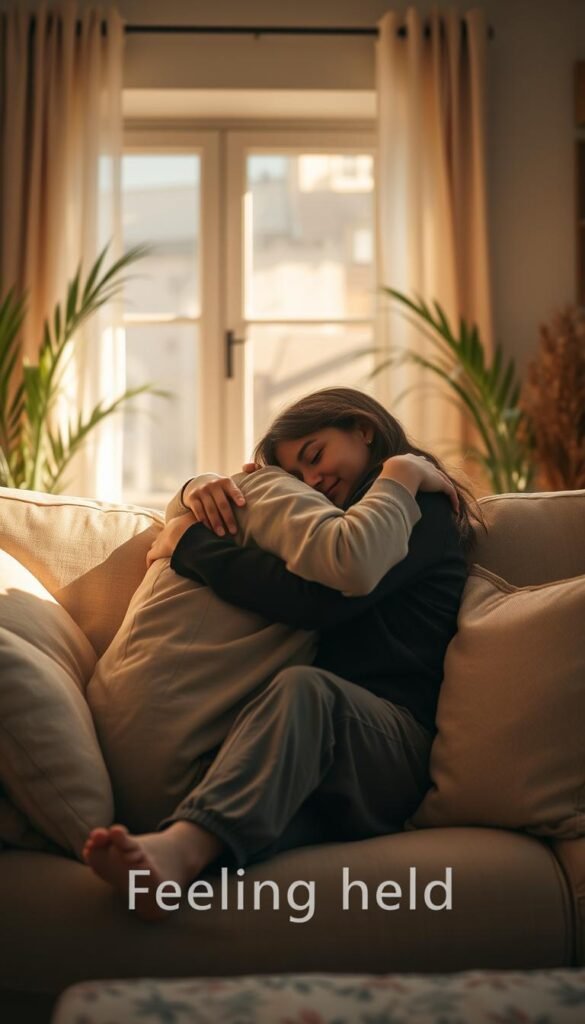 A serene, cozy indoor scene illustrating the concept of "feeling held." In the foreground, a gentle embrace between two individuals, both in modest casual clothing, sitting comfortably on a soft couch surrounded by plush pillows. One person has their head resting peacefully on the other's shoulder, conveying a sense of safety and emotional support. In the middle ground, warm natural light filters through a window, casting soft shadows and illuminating the room with a golden hue. The background features plants and warm-toned decor that enhance the feeling of warmth and comfort. The overall mood is tranquil and nurturing, evoking a sense of emotional connection and well-being, captured from a slightly elevated angle to encompass the intimacy of the moment. A serene, cozy indoor scene illustrating the concept of "feeling held." In the foreground, a gentle embrace between two individuals, both in modest casual clothing, sitting comfortably on a soft couch surrounded by plush pillows. One person has their head resting peacefully on the other's shoulder, conveying a sense of safety and emotional support. In the middle ground, warm natural light filters through a window, casting soft shadows and illuminating the room with a golden hue. The background features plants and warm-toned decor that enhance the feeling of warmth and comfort. The overall mood is tranquil and nurturing, evoking a sense of emotional connection and well-being, captured from a slightly elevated angle to encompass the intimacy of the moment.