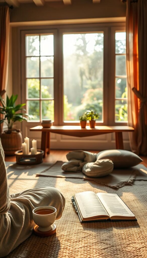 A serene, cozy indoor space illuminated by warm, soft natural light. In the foreground, a person dressed in comfortable, modest casual clothing sits cross-legged on a soft, textured rug, engaging in a mindful meditation ritual. They are surrounded by gentle elements like a small altar with candles, a bowl of fresh herbs, and a journal open with a fountain pen. The middle section displays an inviting wooden table adorned with a steaming cup of herbal tea, a succulent plant, and a meditation cushion. In the background, a large window reveals a tranquil garden view, with lush greenery and gentle sunlight filtering through. The overall mood is peaceful and contemplative, evoking the essence of intentional living and embracing slow, gentle steps.