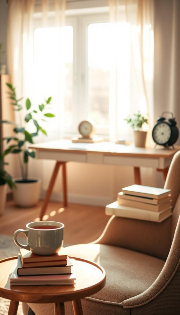 A serene, cozy living space showcasing the concept of simplifying life. In the foreground, a softly lit reading nook with a comfortable chair, a small side table holding a cup of herbal tea, and a neatly stacked pile of books. The middle ground features a minimalist desk with an organized workspace, a potted plant, and a vintage clock, symbolizing time management. In the background, a window with gentle sunlight pouring in, illuminating the room and casting warm shadows. The overall mood is calm and inviting, evoking feelings of peace and clarity. Use warm, natural lighting, capturing the scene with a slightly blurred depth of field for a soft, comforting effect. Aim for a homey atmosphere that encourages tranquility and introspection. A serene, cozy living space showcasing the concept of simplifying life. In the foreground, a softly lit reading nook with a comfortable chair, a small side table holding a cup of herbal tea, and a neatly stacked pile of books. The middle ground features a minimalist desk with an organized workspace, a potted plant, and a vintage clock, symbolizing time management. In the background, a window with gentle sunlight pouring in, illuminating the room and casting warm shadows. The overall mood is calm and inviting, evoking feelings of peace and clarity. Use warm, natural lighting, capturing the scene with a slightly blurred depth of field for a soft, comforting effect. Aim for a homey atmosphere that encourages tranquility and introspection.